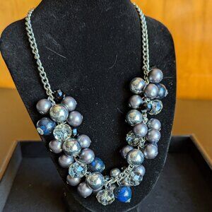 The Limited Chunky Beaded Statement Necklace – Gunmetal, Silver & Blue